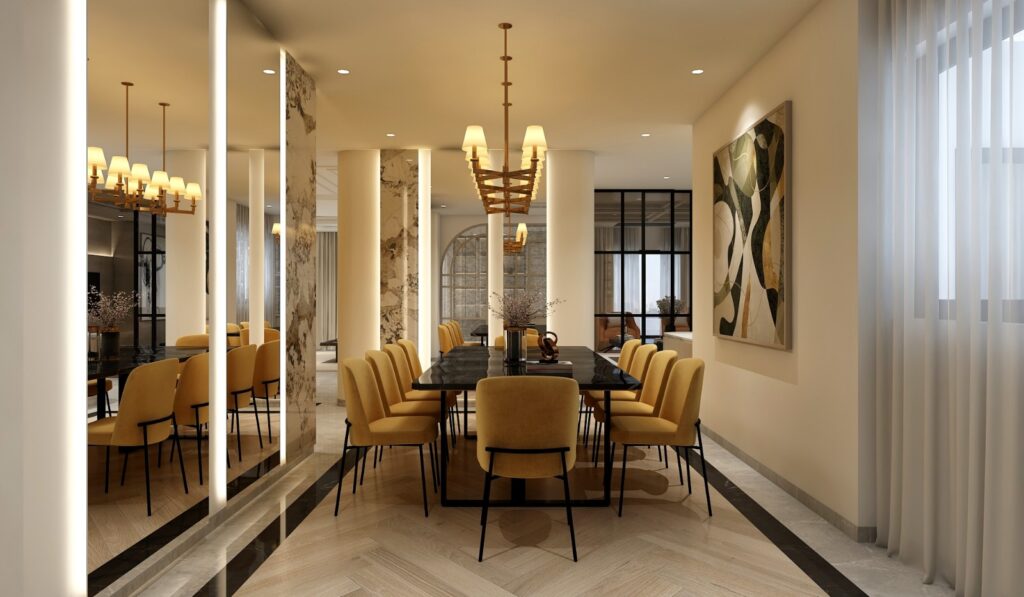 3D interior render of a formal dining room with a long table, mustard upholstered chairs and a brass chandelier