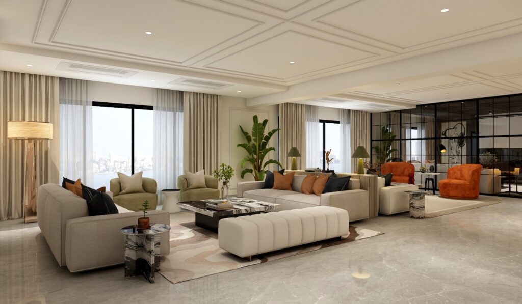 3D interior render of an open-plan living room with cream sectional sofas, a coffered ceiling and full-height curtained windows