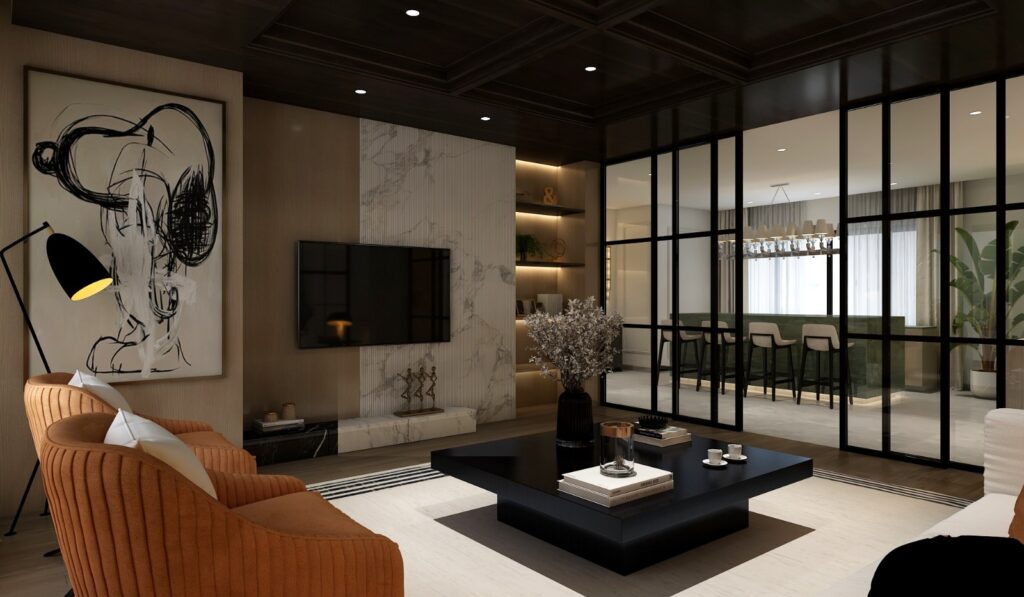 3D interior render of a living room with a marble feature wall, wall-mounted screen and a black-framed glass partition