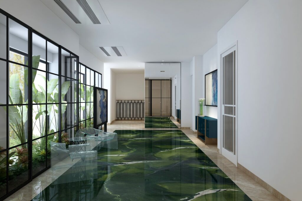 3D interior render of a corridor with a black-framed glazed wall onto a garden and a polished green marble floor