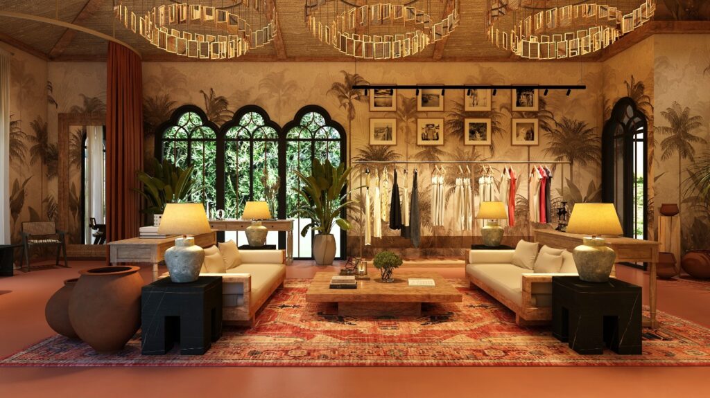 3D interior render of a heritage-style lounge with arched windows, painted mural walls and brass ring chandeliers