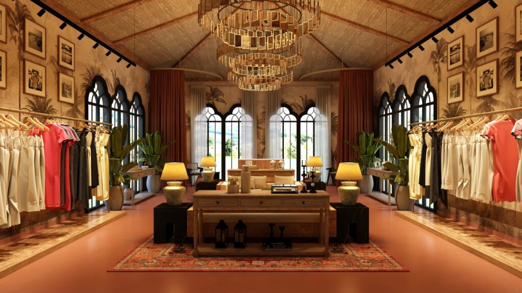 3D interior render of a boutique clothing store with arched windows, a brass ring chandelier and a vaulted bamboo ceiling