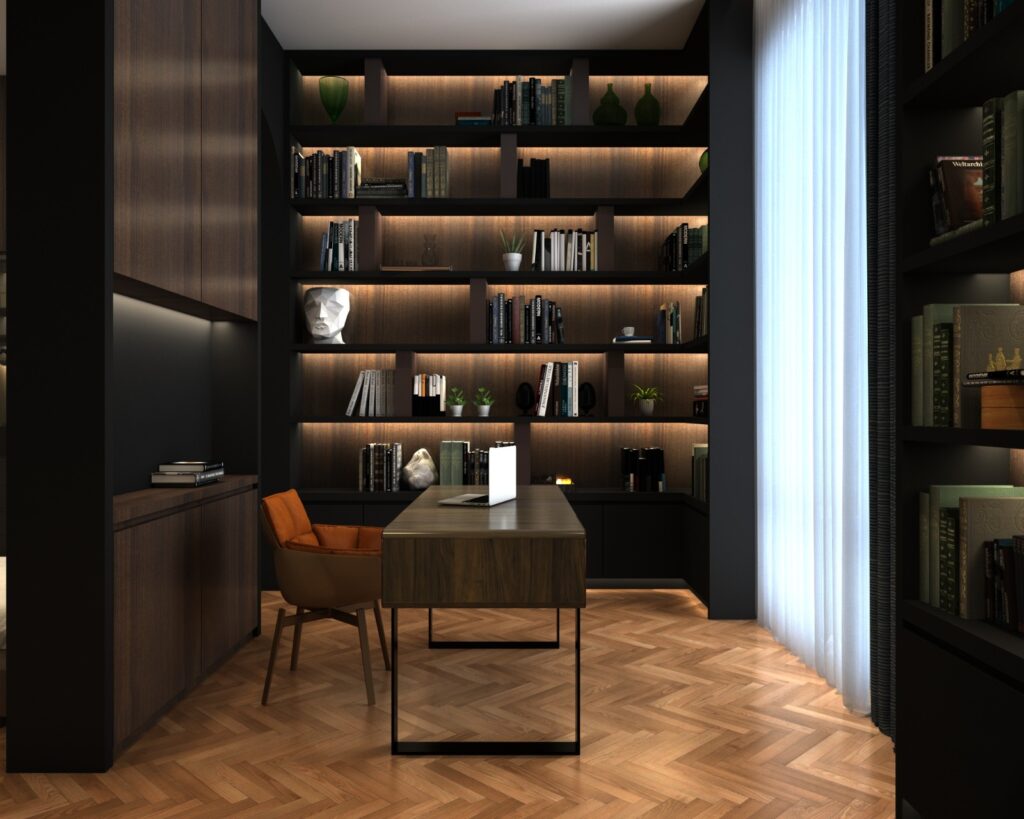 3D interior render of a dark home study with backlit timber bookshelves, a wooden desk and a tan leather chair