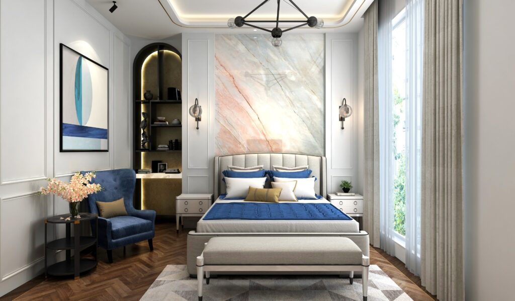 3D interior render of a bedroom with a veined marble headboard panel, arched niche shelving and a blue accent armchair