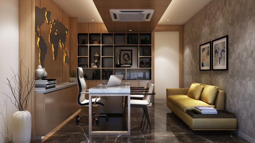 3D interior render of a private office with a desk, built-in shelving, a world map wall feature and an olive sofa
