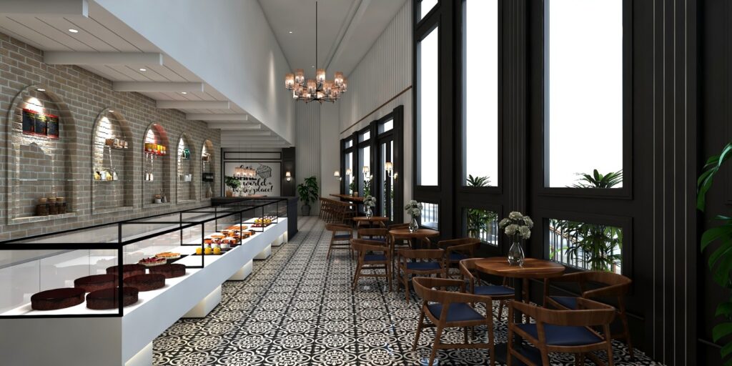 3D interior render of a patisserie with a long pastry display counter, double-height windows and patterned tile flooring