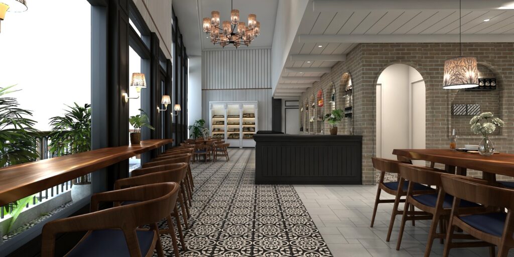 3D interior render of a cafe with patterned tile flooring, a dark service counter and a brick archway