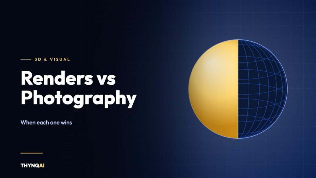 A sphere split between a solid gold half and a blue wireframe half, illustrating renders versus photography