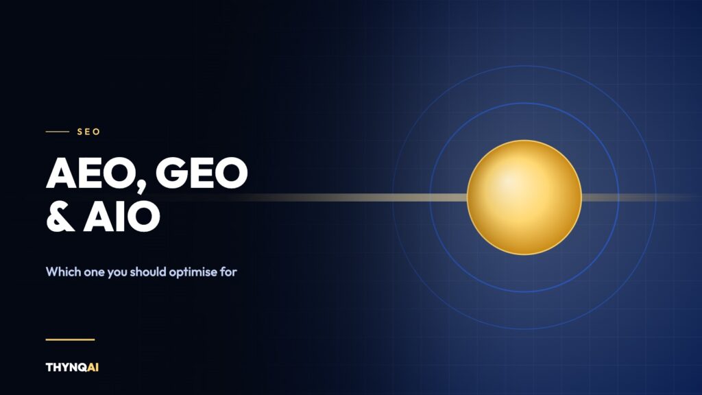 Three nested rings pierced by a beam of light, illustrating the AEO, GEO and AIO layers of AI search optimisation