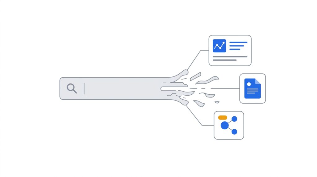 A search bar dissolving into three cited source cards