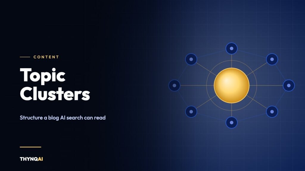 A gold hub linked to eight surrounding nodes, illustrating a pillar page and its topic cluster