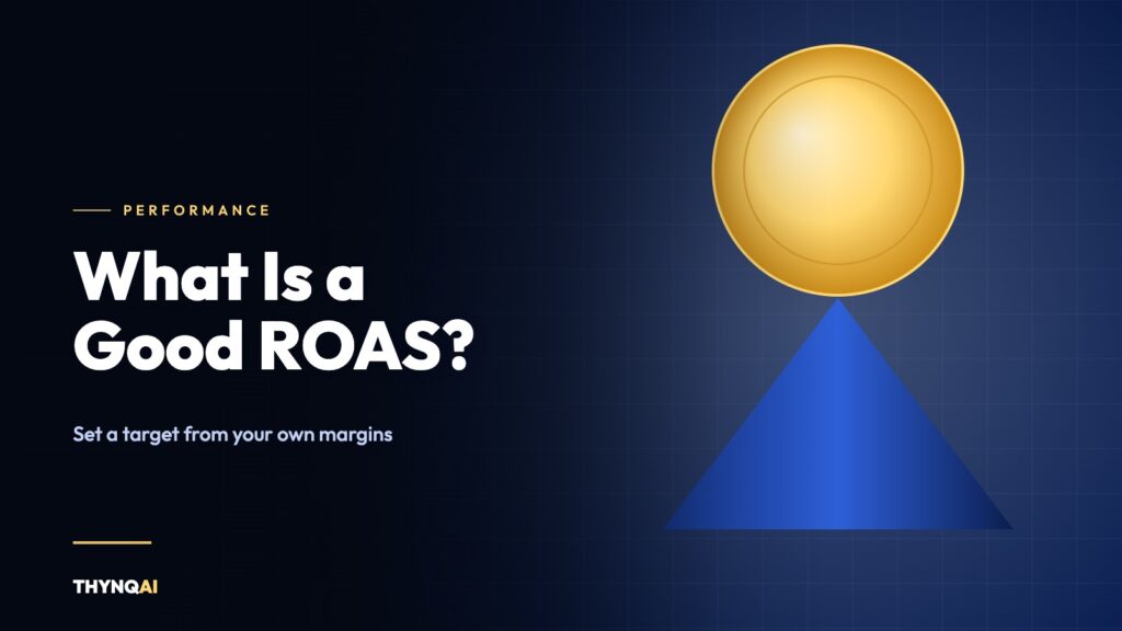 A gold coin balanced on the apex of a blue wedge, illustrating return on ad spend against margin