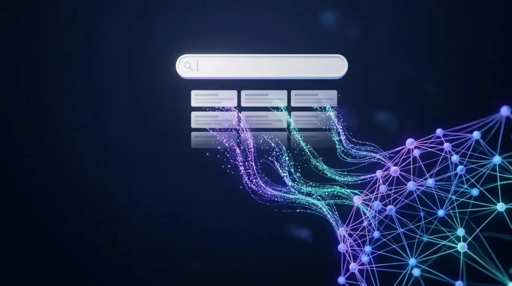 Search results turning into an AI network, illustrating the Google Ads AI Max upgrade