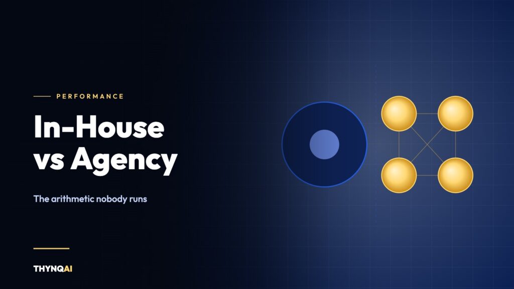 A single large blue circle facing a linked cluster of four gold circles, representing one in-house hire against an agency team