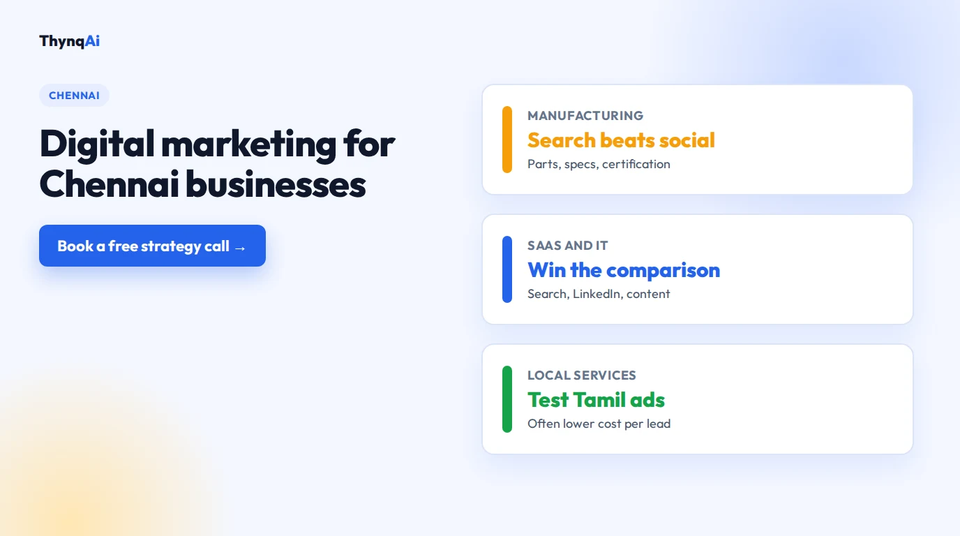Digital marketing agency for Chennai: Google Ads, Meta Ads, SEO and AI search for manufacturing, SaaS and healthcare. Book a free strategy call.