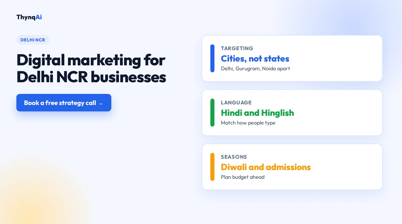 Digital marketing agency for Delhi NCR: Google Ads, Meta Ads, SEO and AI search for Delhi, Gurugram and Noida. Book a free strategy call.