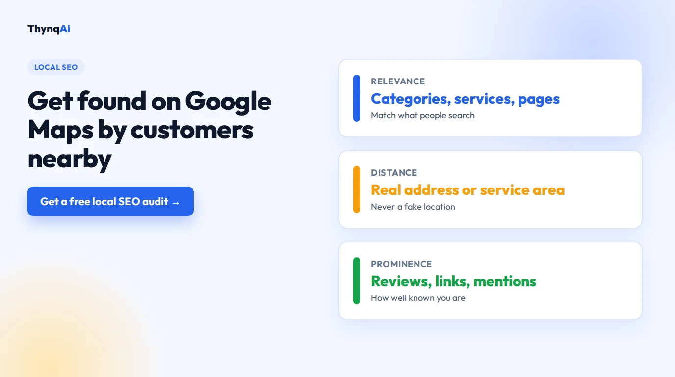 Local SEO: get found on Google Maps and local search by customers nearby. Free local SEO audit.