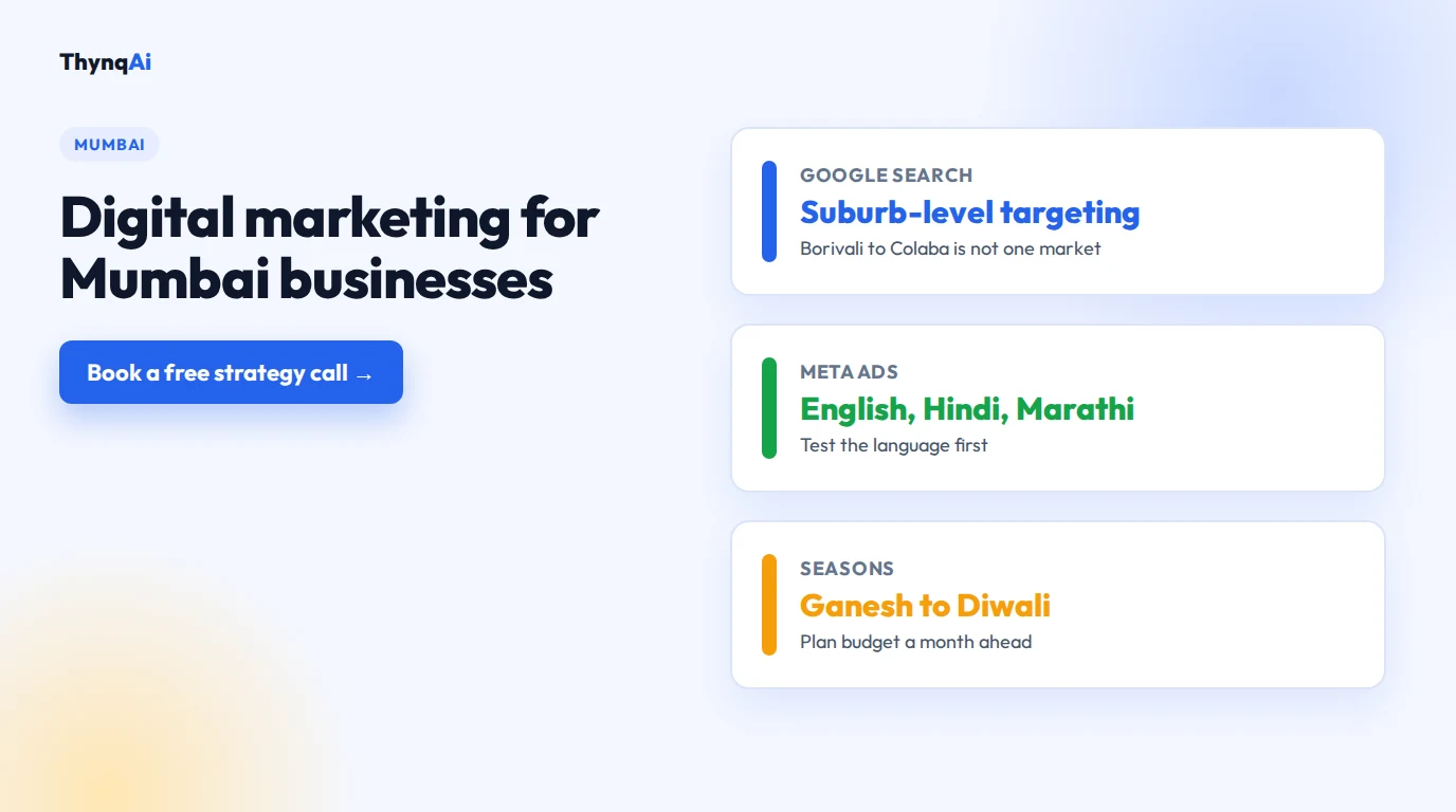 Digital marketing agency in Mumbai: Google Ads, Meta Ads, SEO and AI search measured in enquiries. Book a free strategy call.