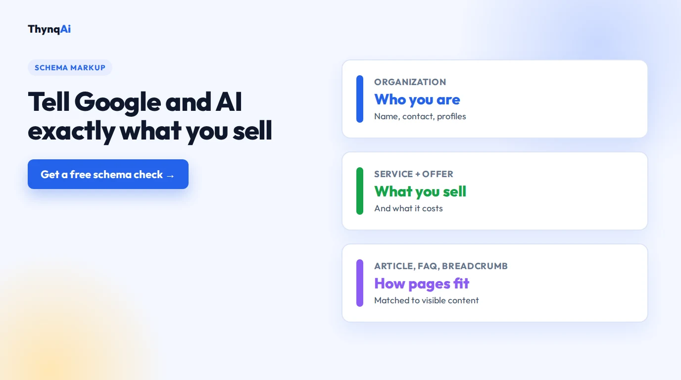 Schema markup services: JSON-LD structured data for Organization, Service, FAQ, Article and Breadcrumb, tested in Google Rich Results Test.