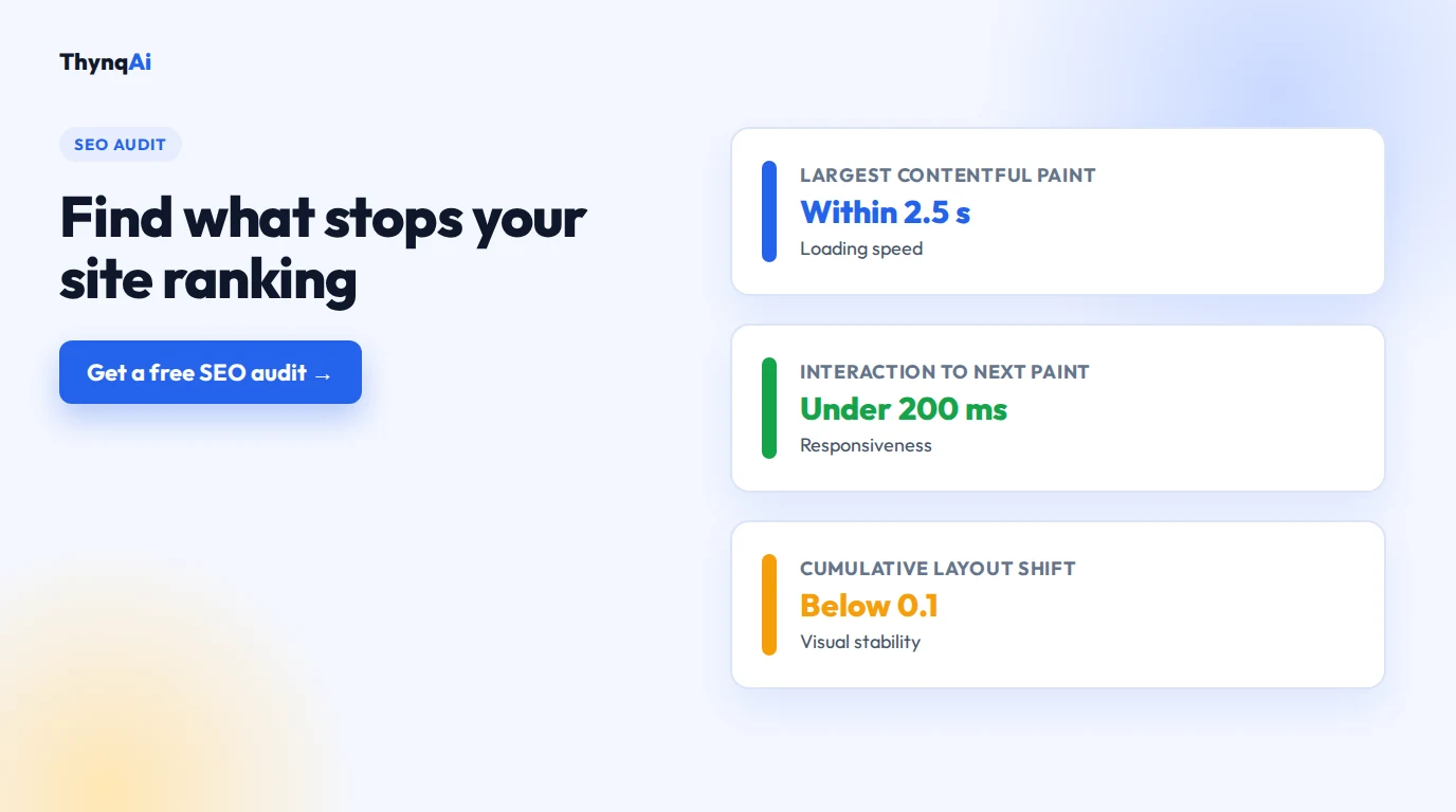 SEO audit: crawling, indexing, Core Web Vitals, content, links, schema and AI search visibility, with fixes ranked by impact. Free SEO audit.