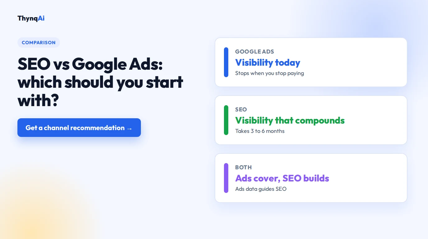 SEO vs Google Ads: ads buy visibility now, SEO earns visibility that compounds. Which should you start with? Get a channel recommendation.