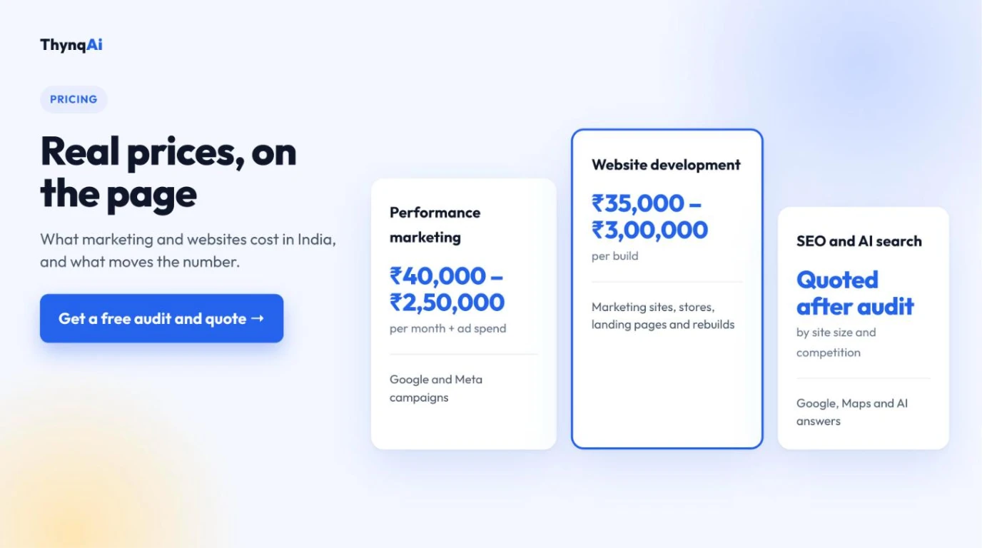 Real prices on the page: performance marketing ₹40,000 to ₹2,50,000 a month, websites ₹35,000 to ₹3,00,000 per build, SEO quoted after audit.
